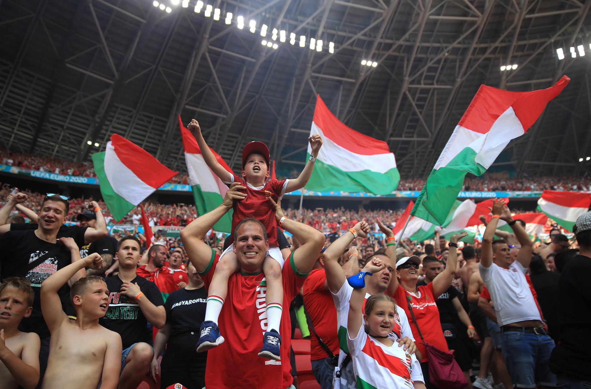 带着孩子看球的匈牙利球迷。